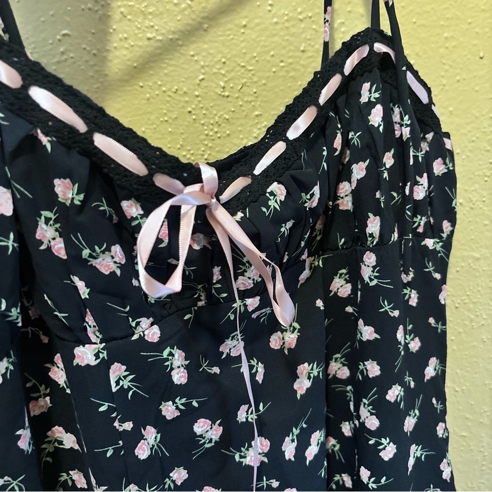 Kiss The Sky Black Floral Maxi Dress Pink Rose Ribbon Milkmaid NWT Large - Picture 10 of 10